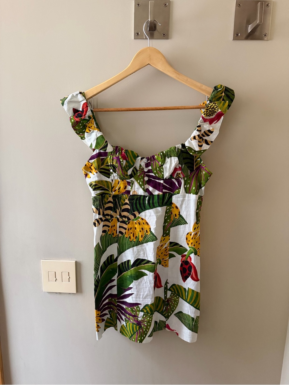 Farm Rio Tropical Print Ruffle Strap Linen Blend Mini Dress